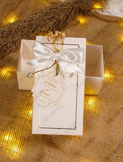 Cream & Gold Engagement Favour Bid Boxes with White Satin Bow & Pearl