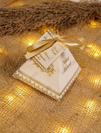 Cream gold pyramid Nikkah Mubarak bid boxes front view