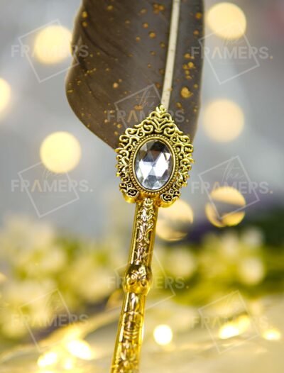 Dark Grey Gold-Splatter Feather Nikkah Pen with Antique Gold Baroque Crystal Handle