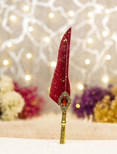 Maroon Gold-Splattered Feather Nikkah Pen with Antique Gold Baroque Gem Handle