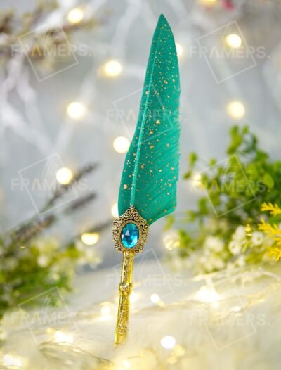 Teal Gold-Splatter Feather Nikkah Pen with Antique Gold Baroque Blue Gem Handle